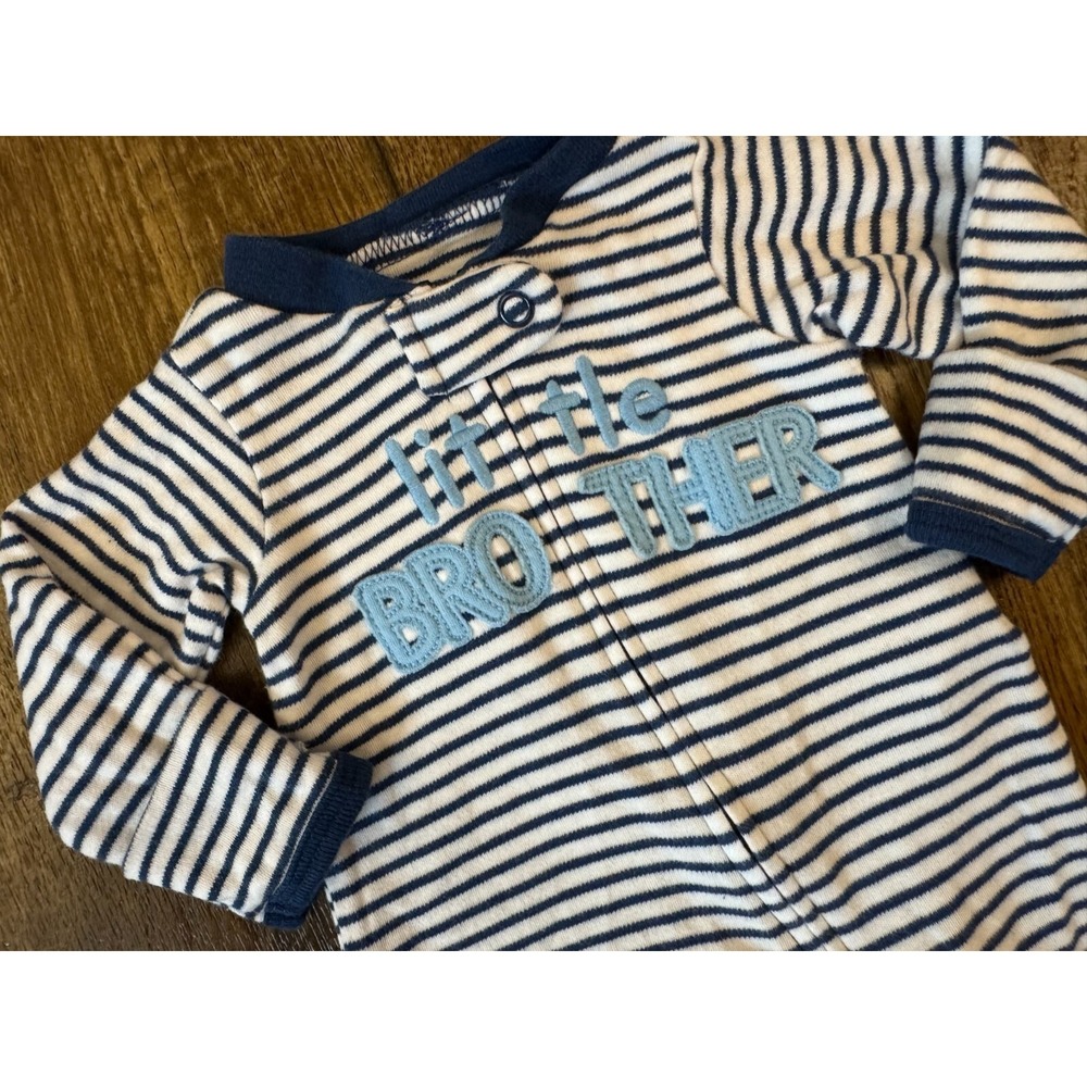 Carters Baby Little Brother Sleeper Preemie Zippered‎ Outfit Romper Blue Striped